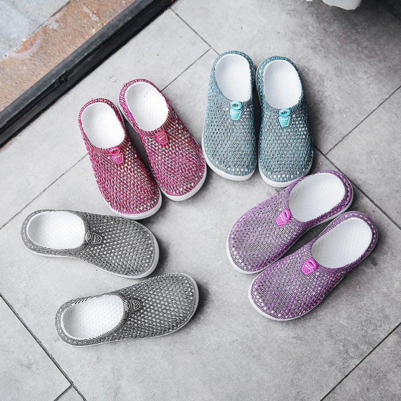 Womens slip-on clogs by Stevvex, breathable beach slippers in gray pink blue purple on Tampa Home & Garden Store