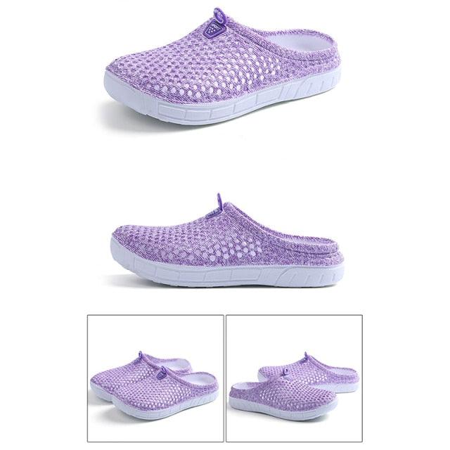 Stevvex women's casual slip-on clogs slippers, purple breathable mesh upper with white sole on Tampa Home & Garden Store
