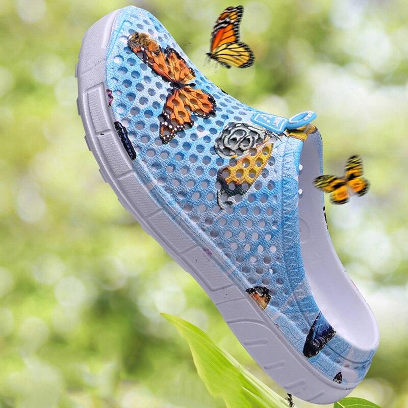 Stevvex women's breathable mesh clogs with butterfly print light blue slipon beach sandals on Tampa Home & Garden Store