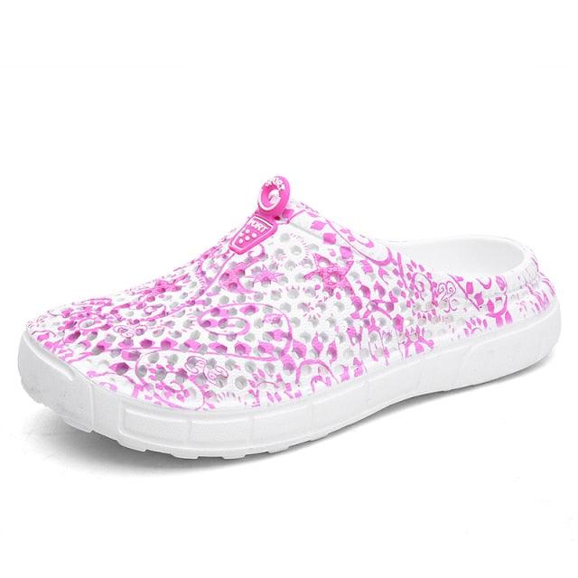 Stevvex womens breathable slip-on clogs in white with pink floral print and white sole on Tampa Home & Garden Store
