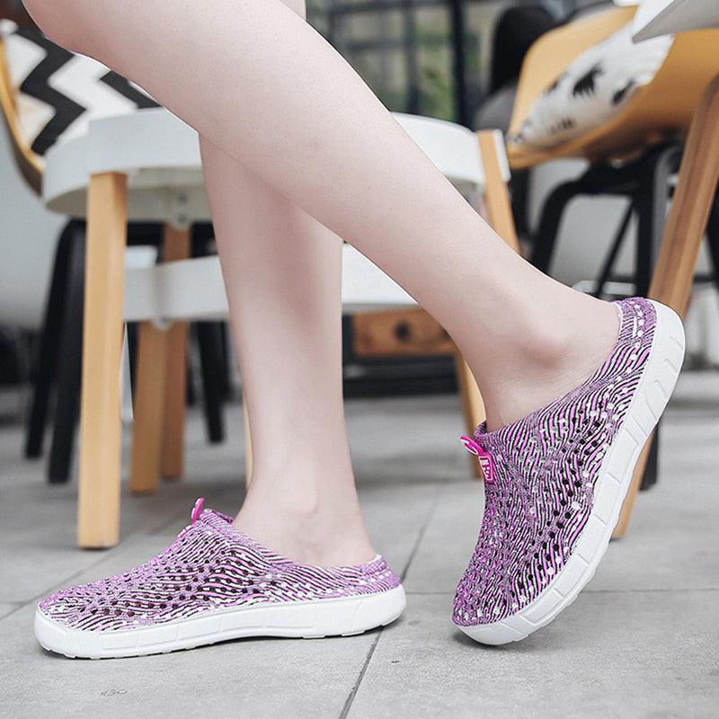 Womens slip-on clogs Stevvex, breathable knit mesh, purple pink zebra pattern on Tampa Home & Garden Store