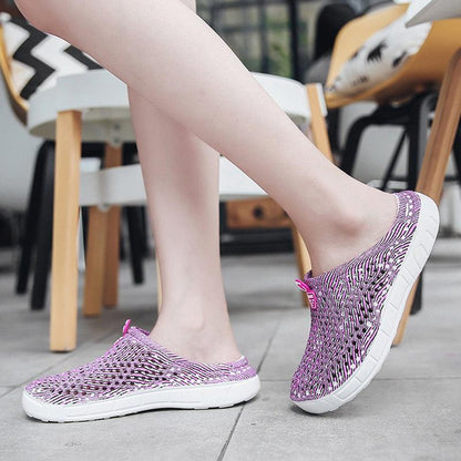 Womens slip-on clogs Stevvex, breathable knit mesh, purple pink zebra pattern on Tampa Home & Garden Store