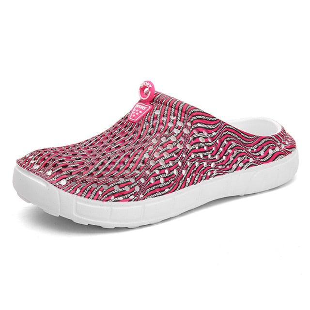 Womens Stevvex breathable slip-on clogs pink zebra mesh upper white lightweight sole on Tampa Home & Garden Store