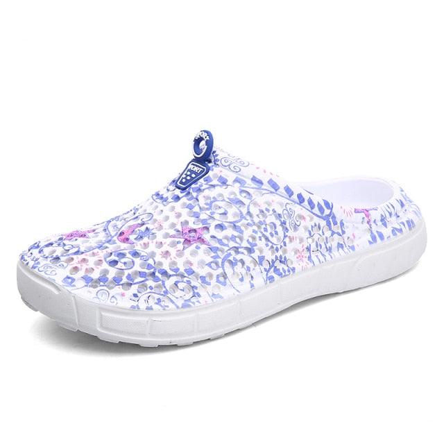 Womens casual clogs Stevvex white floral slip-on slippers breathable upper and white outsole on Tampa Home & Garden Store