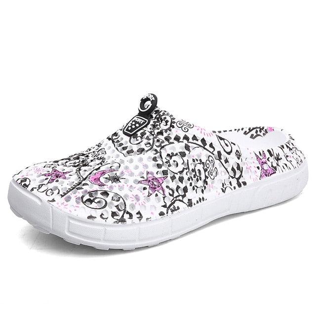 Stevvex Womens Casual Clogs Slippers breathable white black pink print slip-on home shoes on Tampa Home & Garden Store