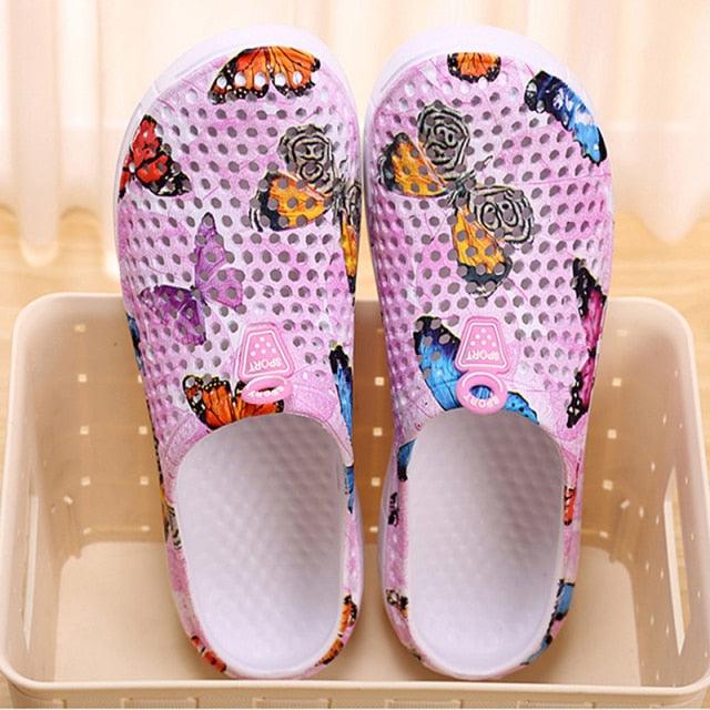 Womens slip-on clogs Stevvex breathable pink butterfly mesh slippers beach sandals on Tampa Home & Garden Store