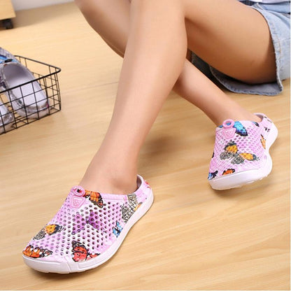 Womens slip-on breathable clogs in pink butterfly mesh, Stevvex home slippers on Tampa Home & Garden Store