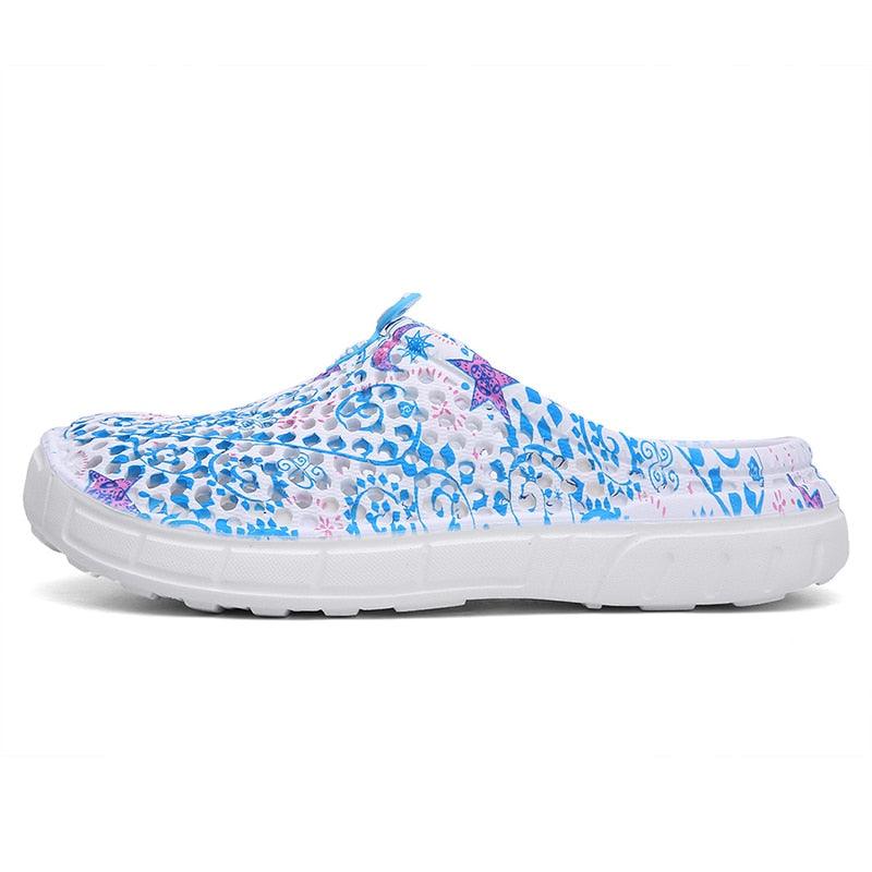 Womens casual clogs Stevvex breathable blue floral print slip-on slippers with white sole on Tampa Home & Garden Store
