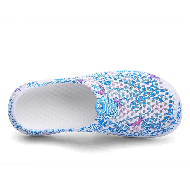 Womens slip-on clogs, white with blue pink abstract print, breathable lightweight beach slippers on Tampa Home & Garden Store