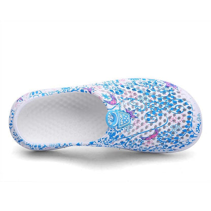 Womens slip-on clogs, white with blue pink abstract print, breathable lightweight beach slippers on Tampa Home & Garden Store