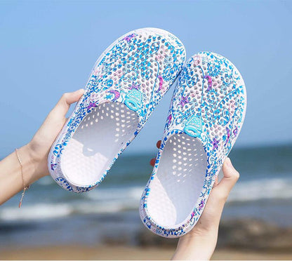 Stevvex women's casual slip-on beach sandals, white with blue print, quick-dry pair on Tampa Home & Garden Store