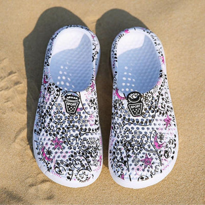 Women's casual clogs beach sandals white slip-ons with floral pattern lightweight Stevvex pair on Tampa Home & Garden Store