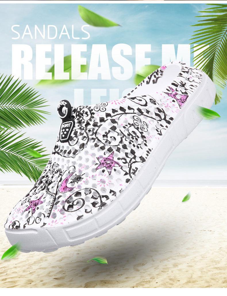 Womens slip-on sandals with white floral pattern, lightweight quick-dry beach slippers on Tampa Home & Garden Store