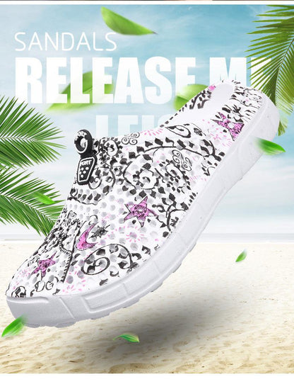 Womens slip-on sandals with white floral pattern, lightweight quick-dry beach slippers on Tampa Home & Garden Store