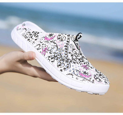 Womens casual slip-on beach slippers with white printed pattern, quick-dry lightweight Stevvex on Tampa Home & Garden Store