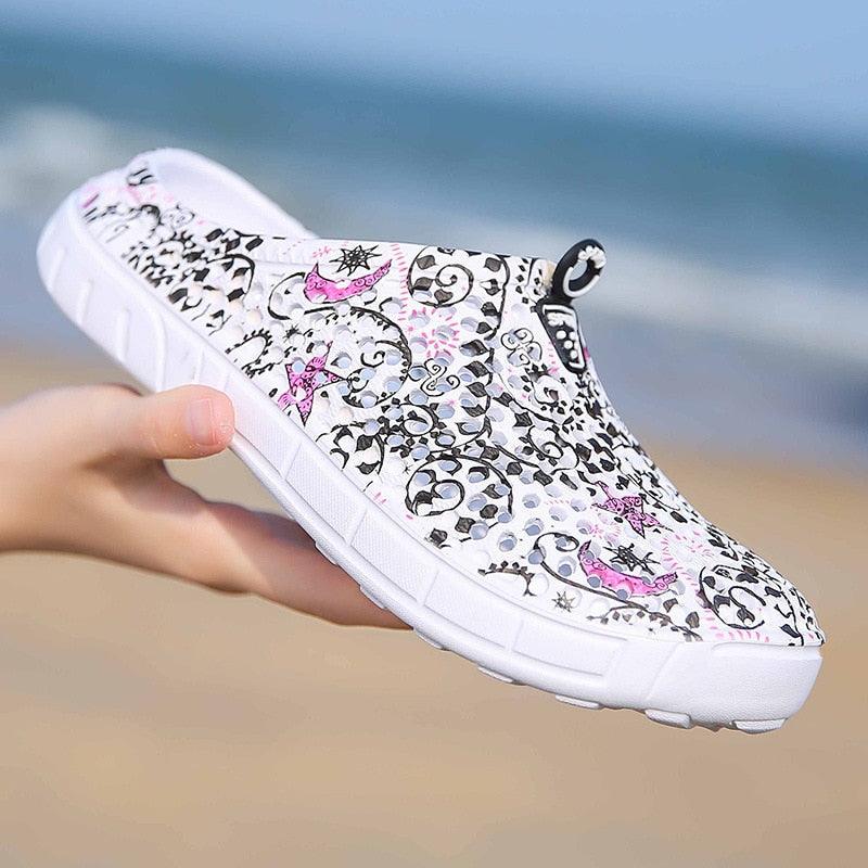 Stevvex womens slip-on sandals white black pink pattern lightweight quick-dry pool shoes on Tampa Home & Garden Store