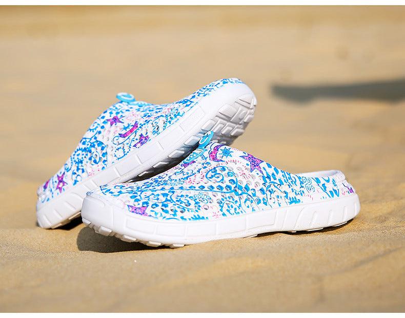 Stevvex womens slip-on clogs white blue floral print breathable beach sandals quick-dry pool on Tampa Home & Garden Store