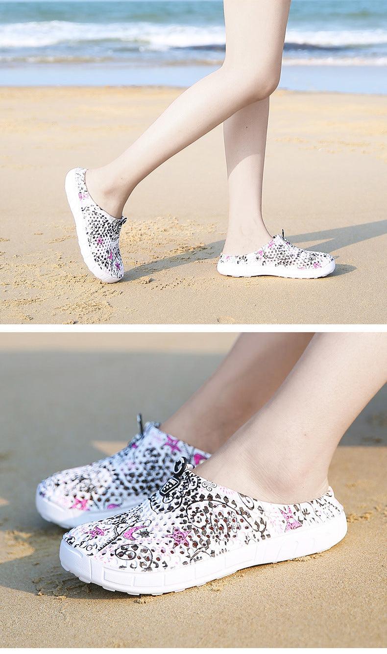 Stevvex women's slip-on slippers, white floral pattern, breathable beach sandals pair on Tampa Home & Garden Store