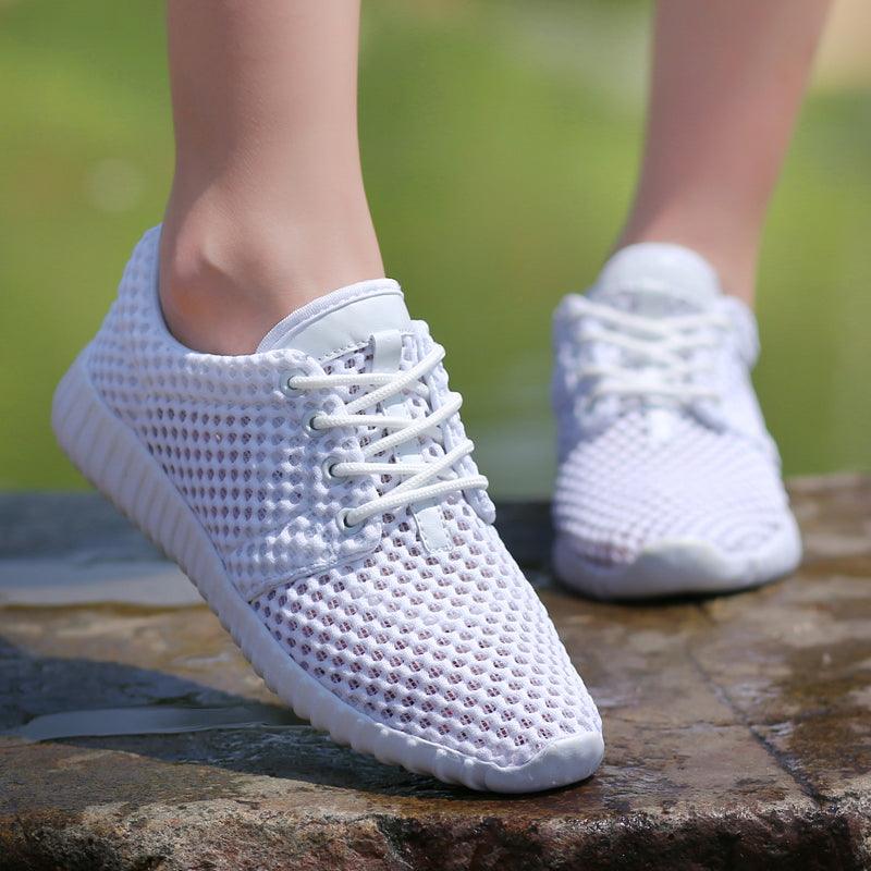Stevvex white mesh lace-up athletic sneakers, lightweight breathable casual walking shoes on Tampa Home & Garden Store