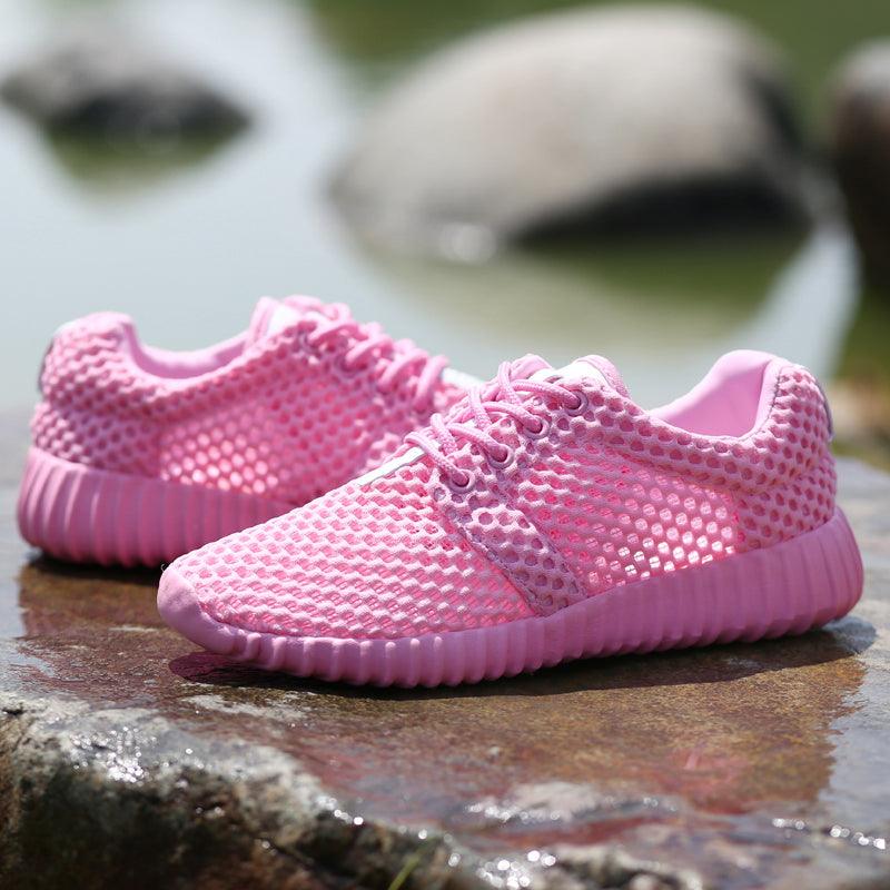 Womens pink mesh lace-up sneakers, lightweight breathable athletic shoes with ribbed sole on Tampa Home & Garden Store