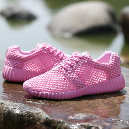 Womens pink mesh lace-up sneakers, lightweight breathable athletic shoes with ribbed sole on Tampa Home & Garden Store