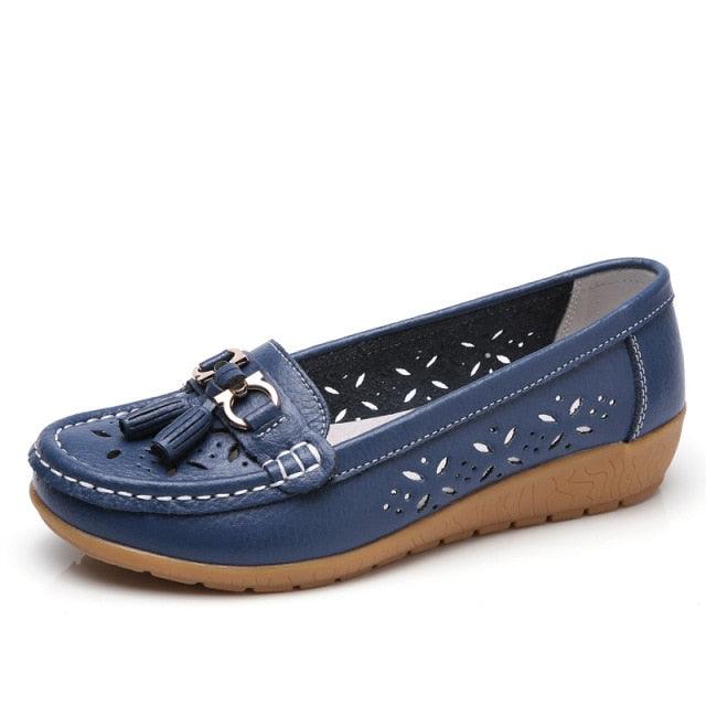 Stevvex blue leather flats with tassels and perforated sides slip-on casual shoes tan sole on Tampa Home & Garden Store
