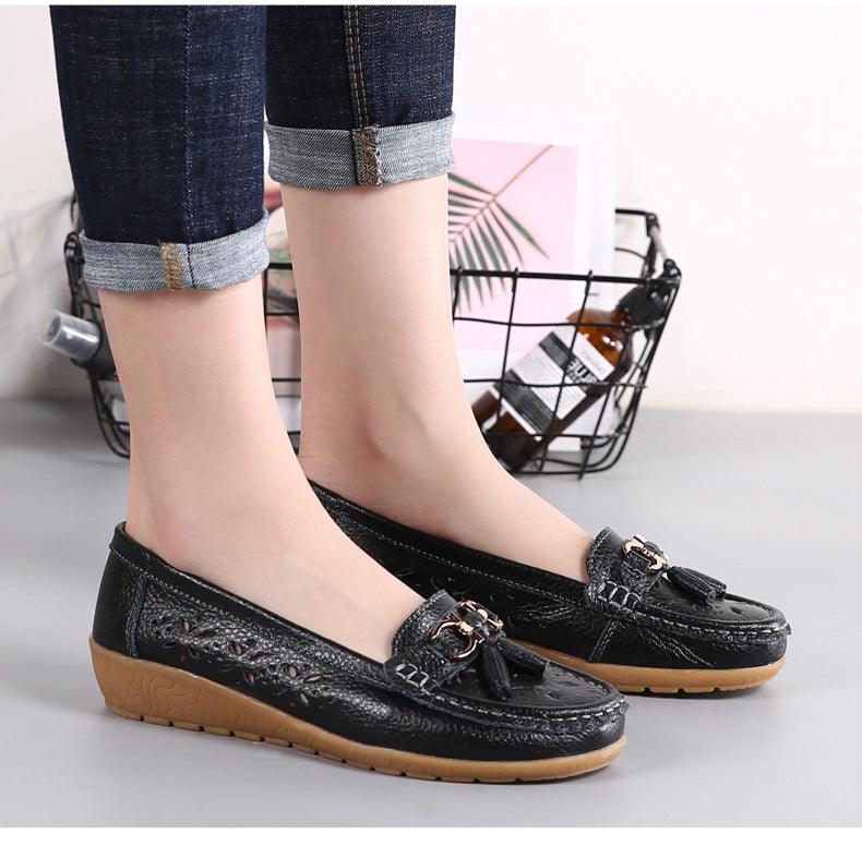 Womens black leather loafers with tassel buckle, low-heel casual flats, tan sole Stevvex on Tampa Home & Garden Store