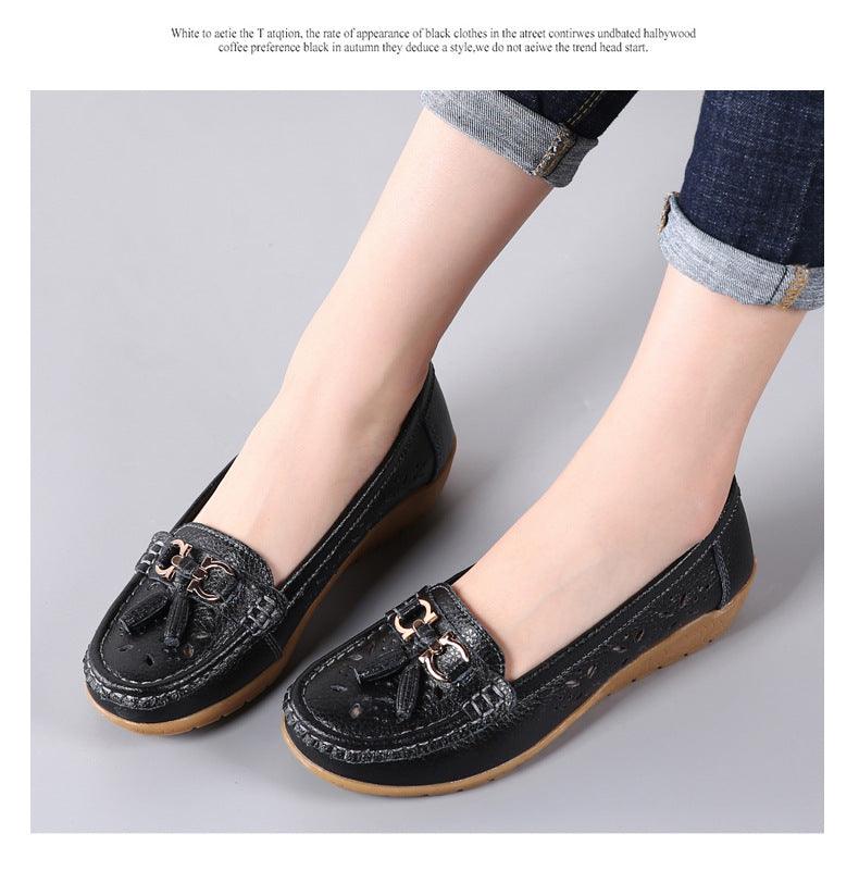 Stevvex women's black genuine leather flats with tassel buckle slip-on low-heel loafers pair on Tampa Home & Garden Store