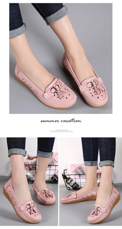 Womens pink leather flat shoes with tassel ornament and perforated cutouts, slip-on Stevvex flats on Tampa Home & Garden Store
