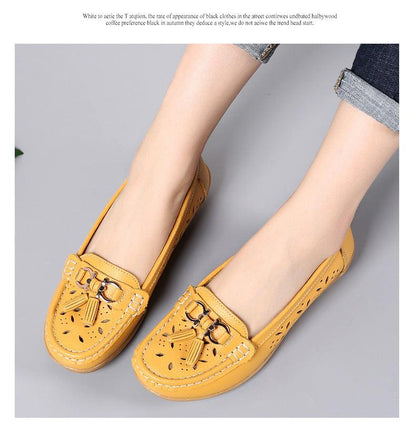 Womens yellow leather loafers with tassel and horsebit details, slip-on flat casual shoes pair on Tampa Home & Garden Store