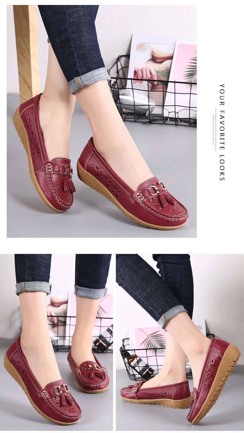 Womens burgundy leather loafers with tassel and perforated cutouts tan sole flats on Tampa Home & Garden Store