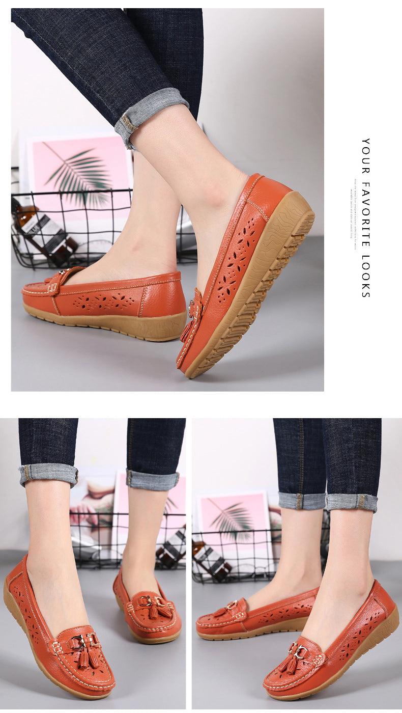Womens orange genuine leather espadrille flats with floral cutouts and tassel accents by Stevvex on Tampa Home & Garden Store