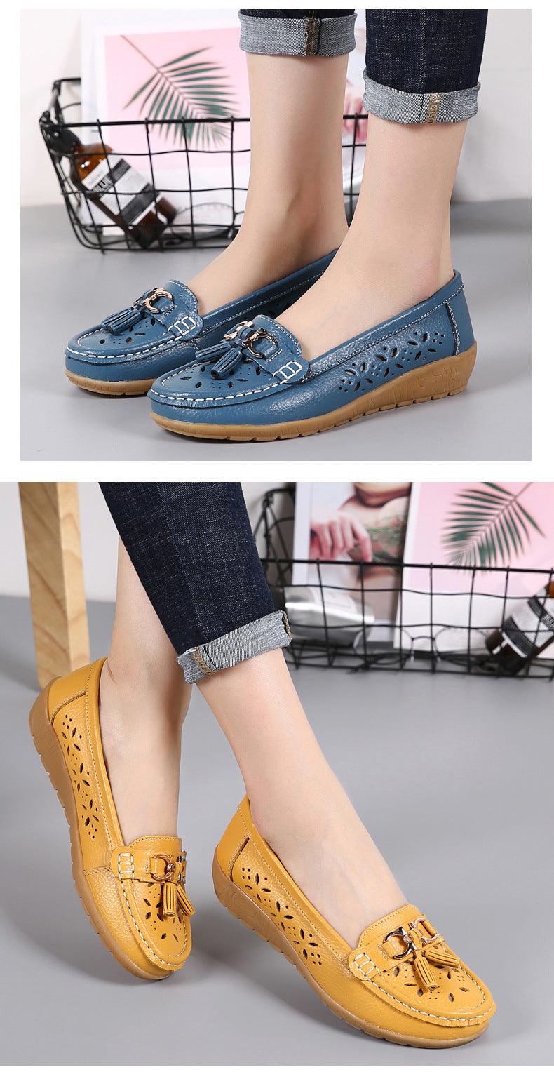 Womens leather loafers Stevvex blue and mustard with tassels and perforated sides slip-on flats on Tampa Home & Garden Store