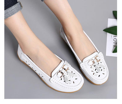 Stevvex white genuine leather flats with floral cutouts and tassel accents espadrille on Tampa Home & Garden Store