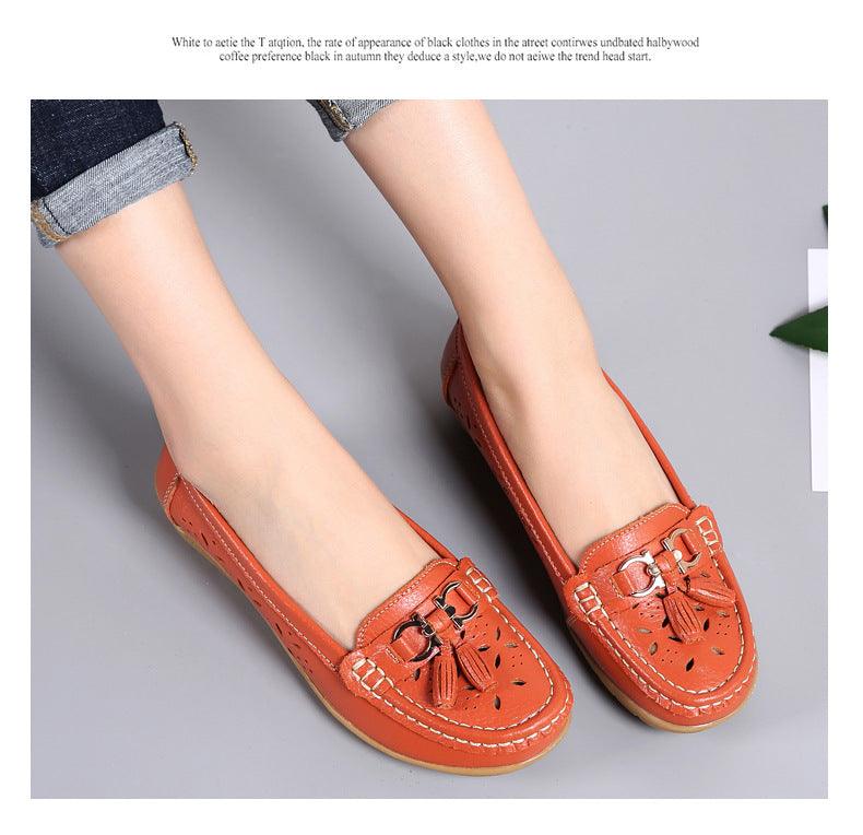 Stevvex women's orange genuine leather flats with tassel bow and metal buckle, slip-on casual loafers on Tampa Home & Garden Store