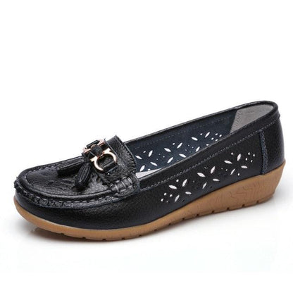 Womens genuine leather flats slip-on loafers with perforated navy upper tan sole Stevvex on Tampa Home & Garden Store