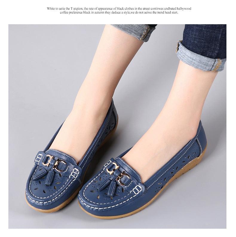 Blue genuine leather women's flats with tassel buckle, slip-on loafers pair on Tampa Home & Garden Store