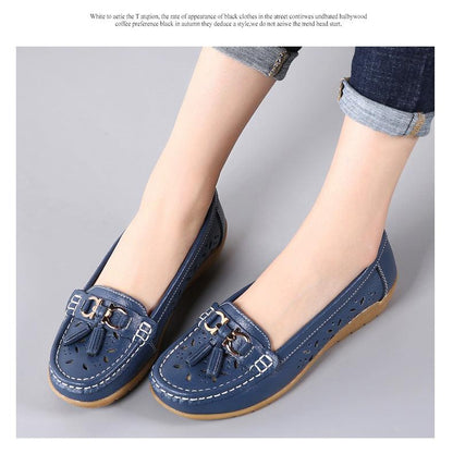 Blue genuine leather women's flats with tassel buckle, slip-on loafers pair on Tampa Home & Garden Store