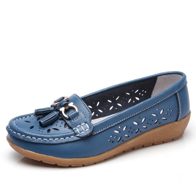 Womens flats blue genuine leather slip-on espadrille with tassel and floral perforations brown sole on Tampa Home & Garden Store