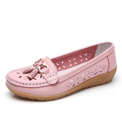 Pink Stevvex women's leather flats with tassel, slip-on espadrille style, cutout details tan sole on Tampa Home & Garden Store