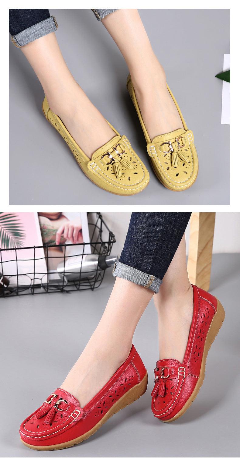 Stevvex womens flats yellow and red leather slip-ons with tassel buckle and perforated design on Tampa Home & Garden Store