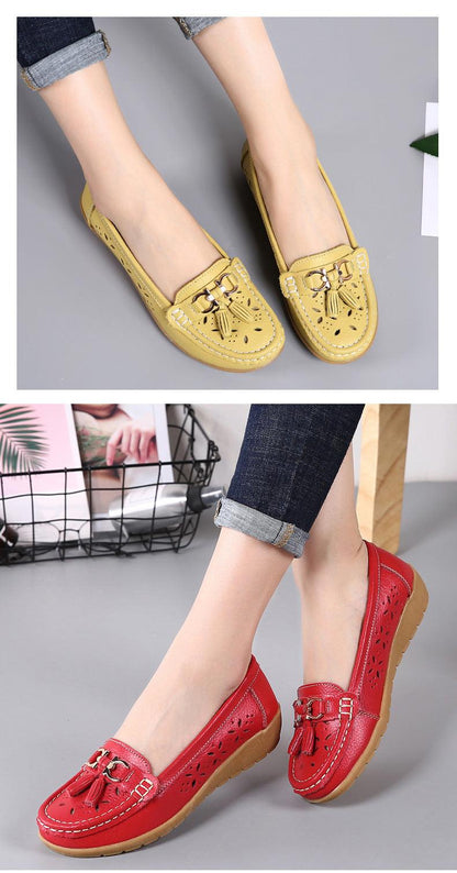 Stevvex womens flats yellow and red leather slip-ons with tassel buckle and perforated design on Tampa Home & Garden Store
