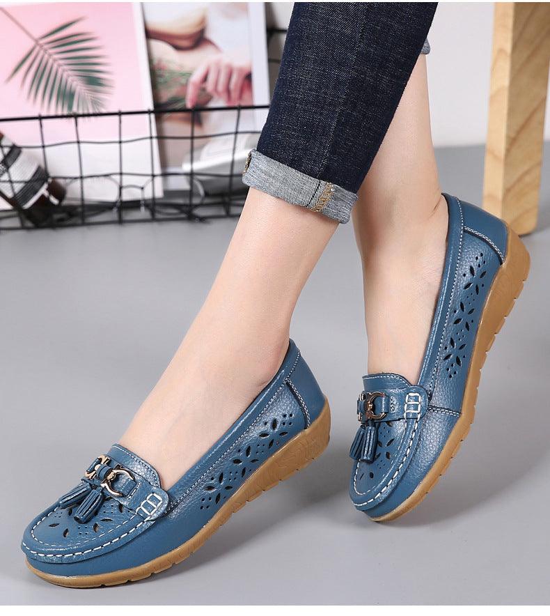 Stevvex blue leather flats with tassel buckle and floral perforations, slip-on casual shoes on Tampa Home & Garden Store