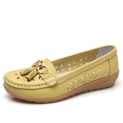 Stevvex women's tan leather espadrille flats with perforated cutouts and tassel slip-on on Tampa Home & Garden Store