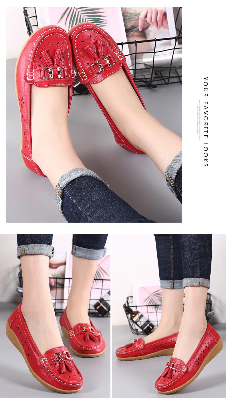 Womens flats red leather slip-on with tassel buckle details, espadrille-style tan sole Stevvex on Tampa Home & Garden Store