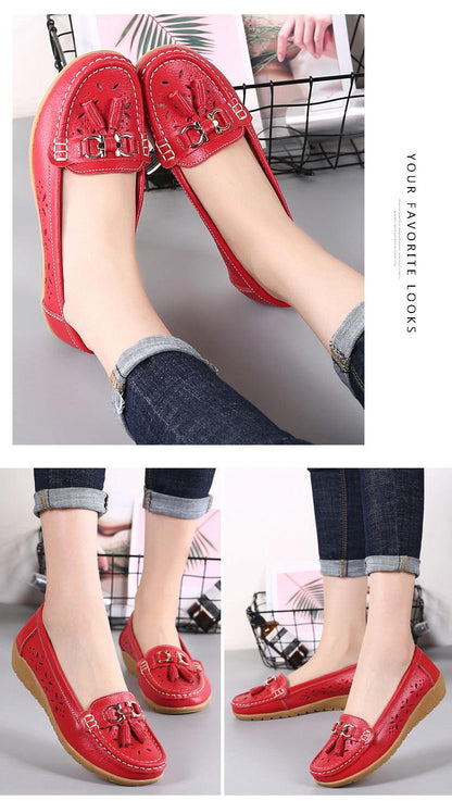 Womens flats red leather slip-on with tassel buckle details, espadrille-style tan sole Stevvex on Tampa Home & Garden Store