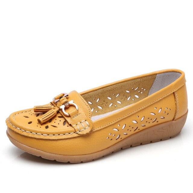 Womens flats yellow genuine leather slip-on espadrille with tassels and floral cutouts Stevvex on Tampa Home & Garden Store