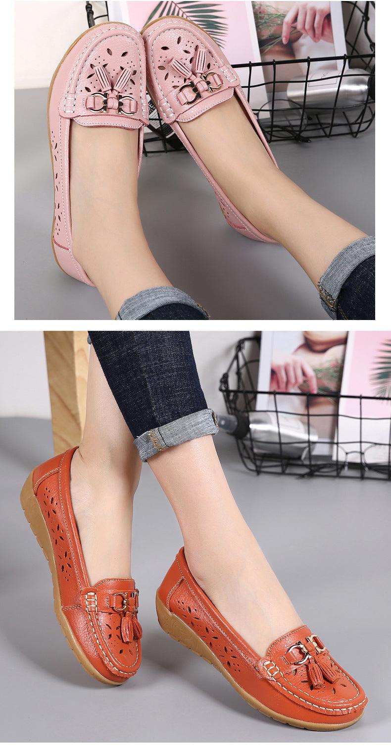 Stevvex leather flats pink and orange slip-ons with perforated floral cutouts and tassels on Tampa Home & Garden Store