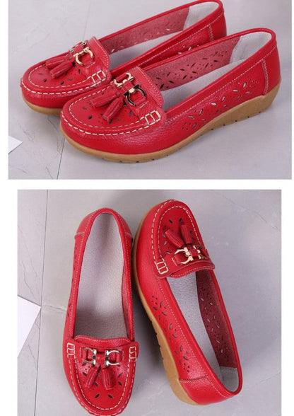 Womens red leather flats espadrilles with tassel buckle slip-ons by Stevvex pair on Tampa Home & Garden Store