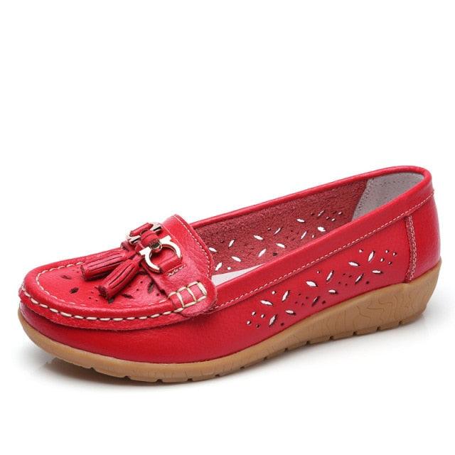 Womens red leather flats by Stevvex with tassel accents & cutout sides espadrille slip-ons on Tampa Home & Garden Store